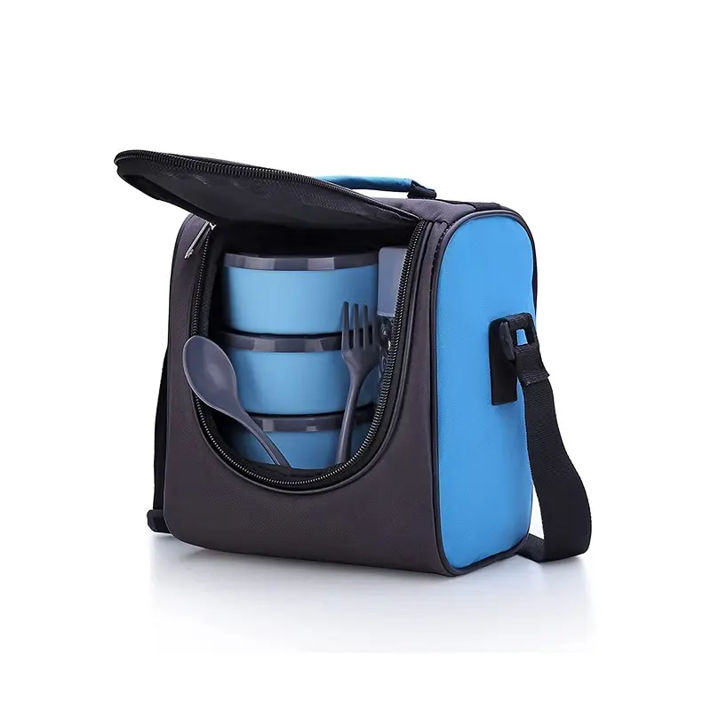 4 in 1 Stainless Steel Lunch Box with Bag 3 Container, 1 Casserole Set with Plastic Bottle and 2 Spoons (sku blue)4