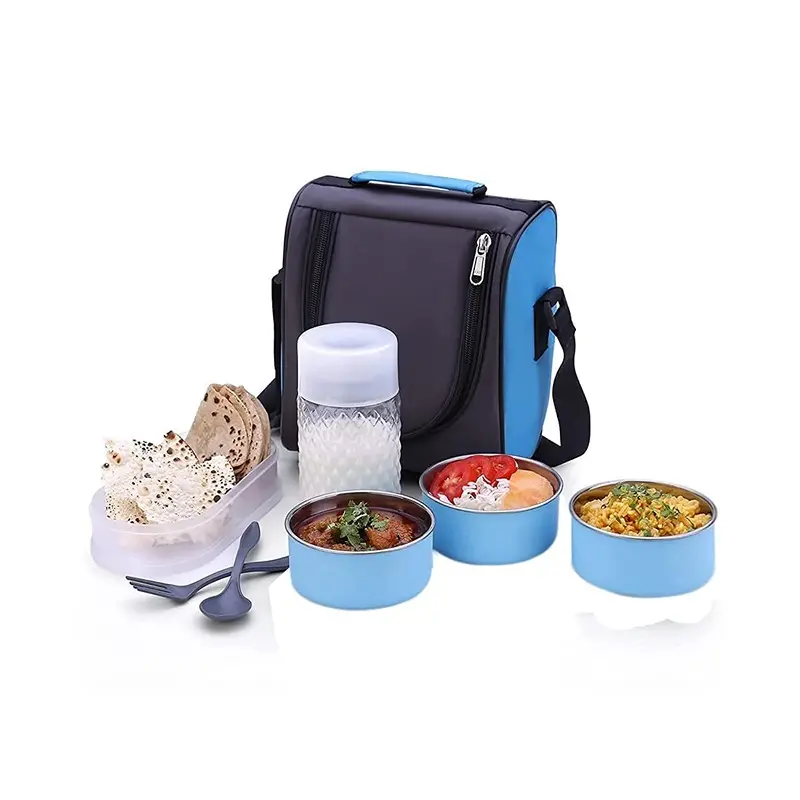 4 in 1 Stainless Steel Lunch Box with Bag 3 Container, 1 Casserole Set with Plastic Bottle and 2 Spoons (sku blue)6