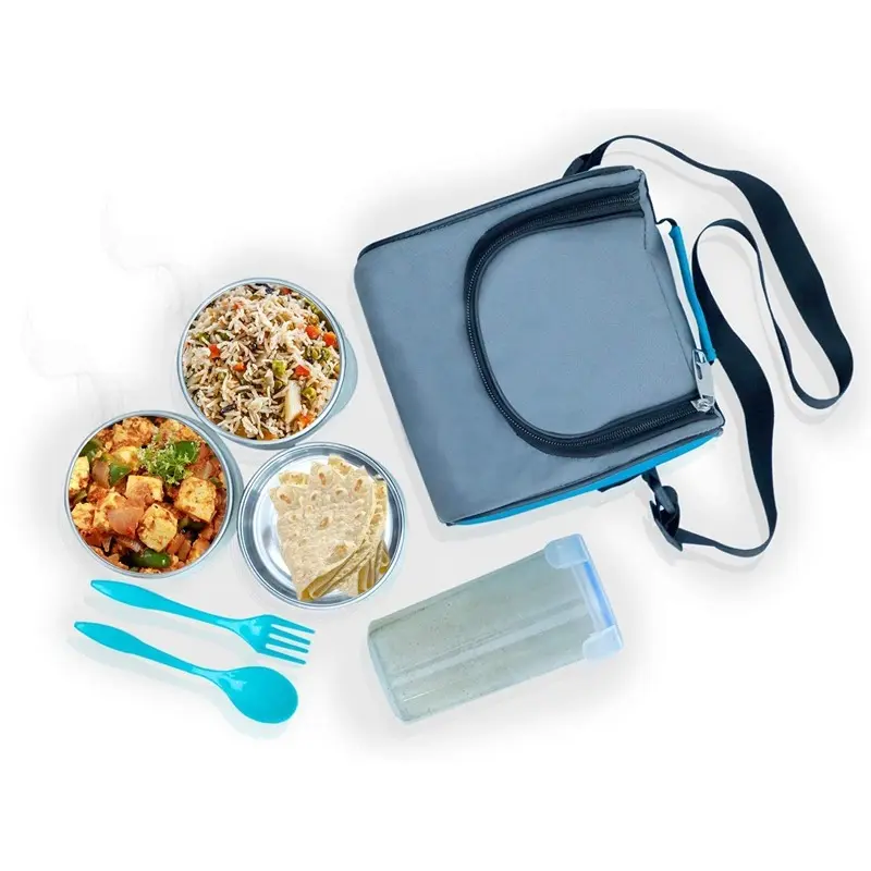 4 in 1 Stainless Steel Lunch Box with Bag 3 Container, 1 Casserole Set with Plastic Bottle and 2 Spoons (sku blue)7