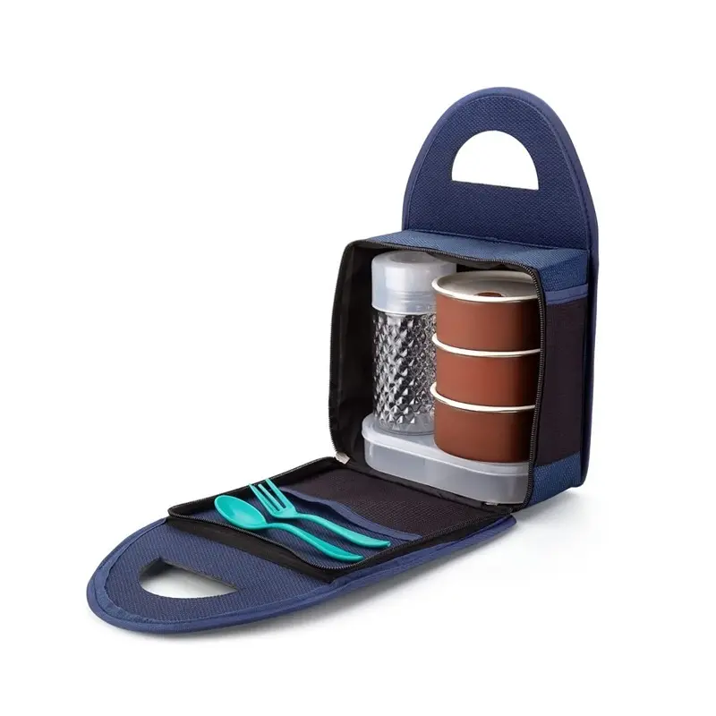 4 in 1 Stainless Steel Lunch Box with Bag 3 Container, 1 Casserole Set with Plastic Bottle and 2 Spoons2