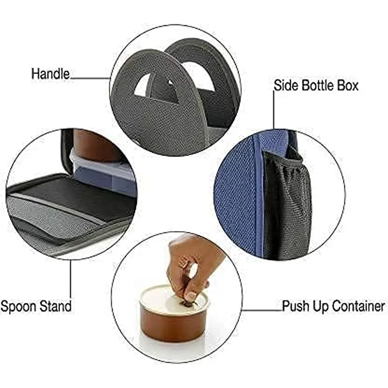 4 in 1 Stainless Steel Lunch Box with Bag 3 Container, 1 Casserole Set with Plastic Bottle and 2 Spoons5