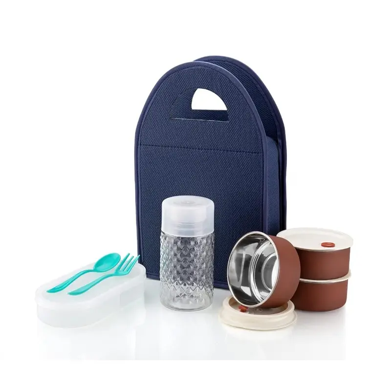 4 in 1 Stainless Steel Lunch Box with Bag 3 Container, 1 Casserole Set with Plastic Bottle and 2 Spoons6