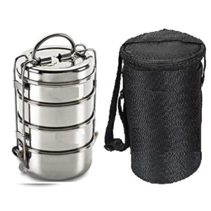 4-Tier Stainless Steel Tiffin Box Lunch Box with Bag (6x4, 1540ml, Dia-10.2Cm, 480 Grams, Silver)1