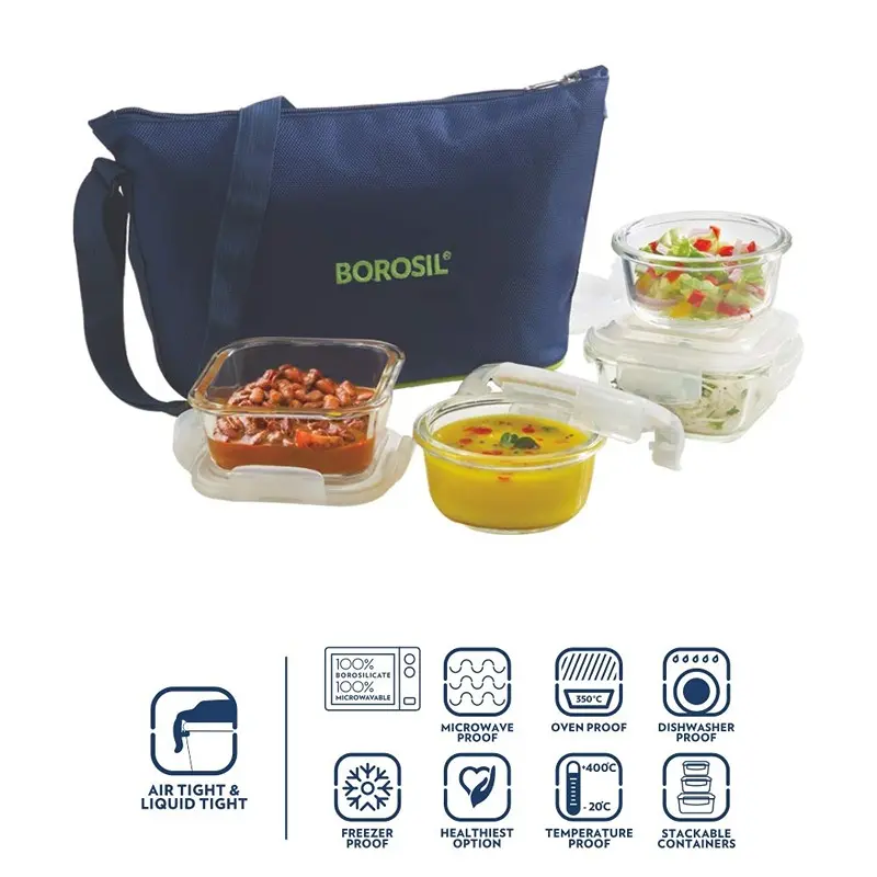Borosil Glass Daisy Microwave Safe Office Tiffin Lunch Box (Blue, 2 pcs 320 ml Square, 2pcs 240 ml Round) -Set of 42
