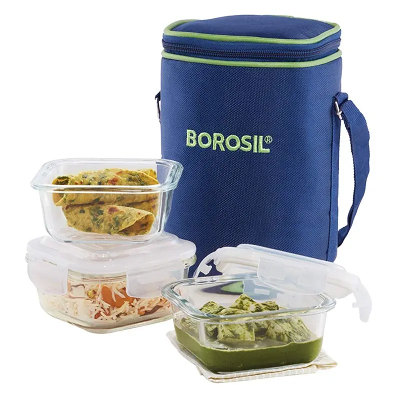 Borosil - Glass Lunch Box Set of 3, 320 ml, Microwave Safe Office Tiffin (12 x 12 x 6.5 cm)1