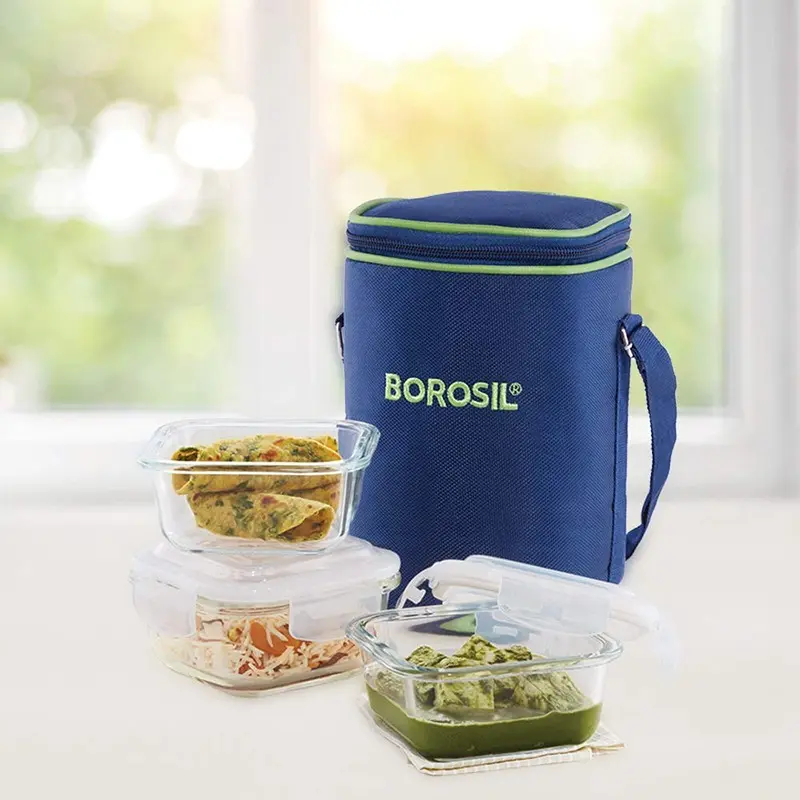 Borosil - Glass Lunch Box Set of 3, 320 ml, Microwave Safe Office Tiffin (12 x 12 x 6.5 cm)2