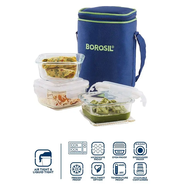Borosil - Glass Lunch Box Set of 3, 320 ml, Microwave Safe Office Tiffin (12 x 12 x 6.5 cm)5