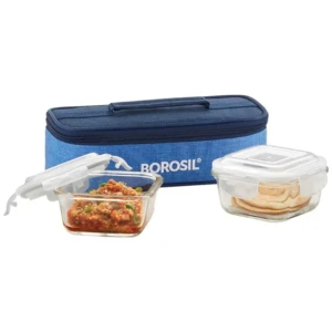 Borosil Prime Glass Lunch Box Set of 2, 320 ml, Horizontal, Microwave Safe office Tiffin, Blue, Transparent1