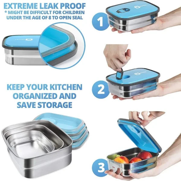 Lunch Box Set of Three Stainless Steel Rectangular Lunch Box Set (Blue)2