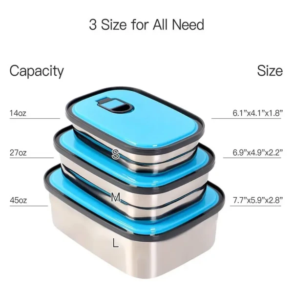 Lunch Box Set of Three Stainless Steel Rectangular Lunch Box Set (Blue)3