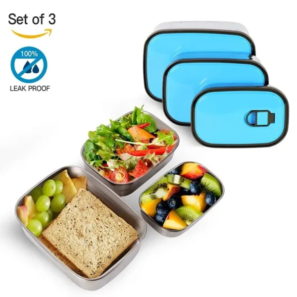 Lunch Box Set of Three Stainless Steel Rectangular Lunch Box Set (Blue)5