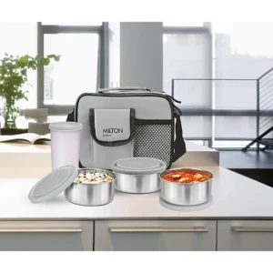 MILTON 3 Stainless Steel Container and Plastic Tumbler with Jacket ( Grey ) – Set of 4