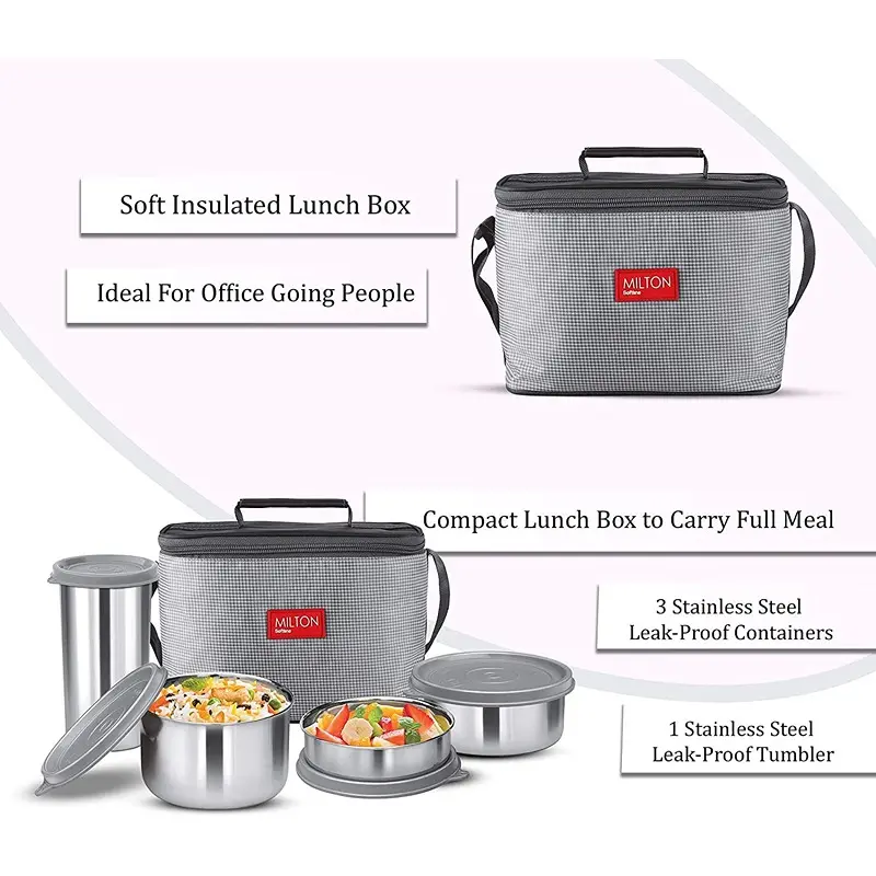 MILTON Delicious Combo Stainless Steel Insulated Tiffin, Set of 4, Grey4