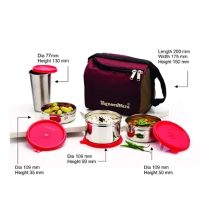 Signoraware Best Stainless Steel Innovative Lunch Box with Bag, Set of 4, Red