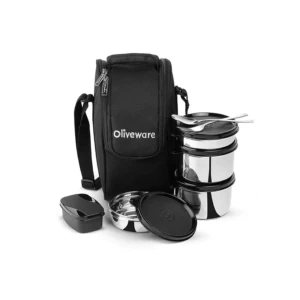 SOPL-OLIVEWARE Executive Leak Proof Stainless Steel Full Meal Lunch Box With Insulated Fabric Bag (Black)1