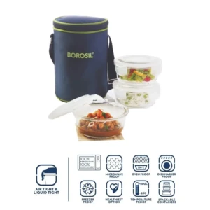 Transparent Home Kitchen Borosil Klip N Store Microwavable Containers, 400 ml, Set of 3 with Lunch Bag